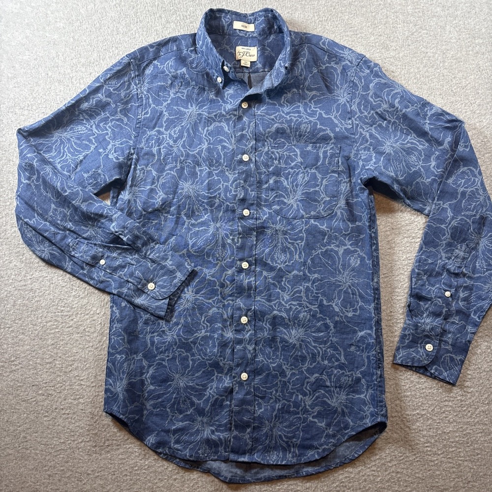 J Crew Men's Sz XS 100% Linen Blue Floral Long Sleeve Button Down Slim Fit Prep